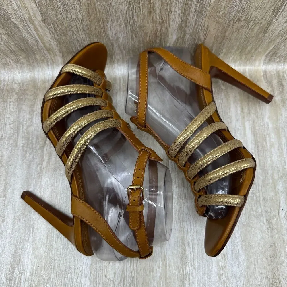Tory‎ Burch Charlene Gold Ankle Strap Gladiator High Heels Sandals 8.5 Pumps